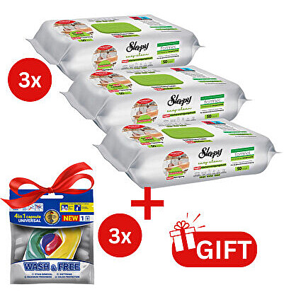 PACHET PROMO: 3× Șervețele Easy Clean bergamotă 50 buc + 3× Capsule rufe Wash & Free 4in1
