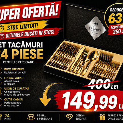 Set Tacâmuri Aurii Premium 24 Piese – Eleganță și Rafinament la Fiecare Masă