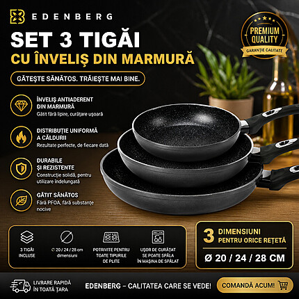 Set 3 Tigăi Edenberg Marmură 20/24/28 cm – Antiaderente Premium pentru Inducție