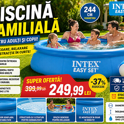 🔥 Piscină Gonflabilă Intex Easy Set 244x61 cm, 1942L, Pentru Adulți și Copii 🔥