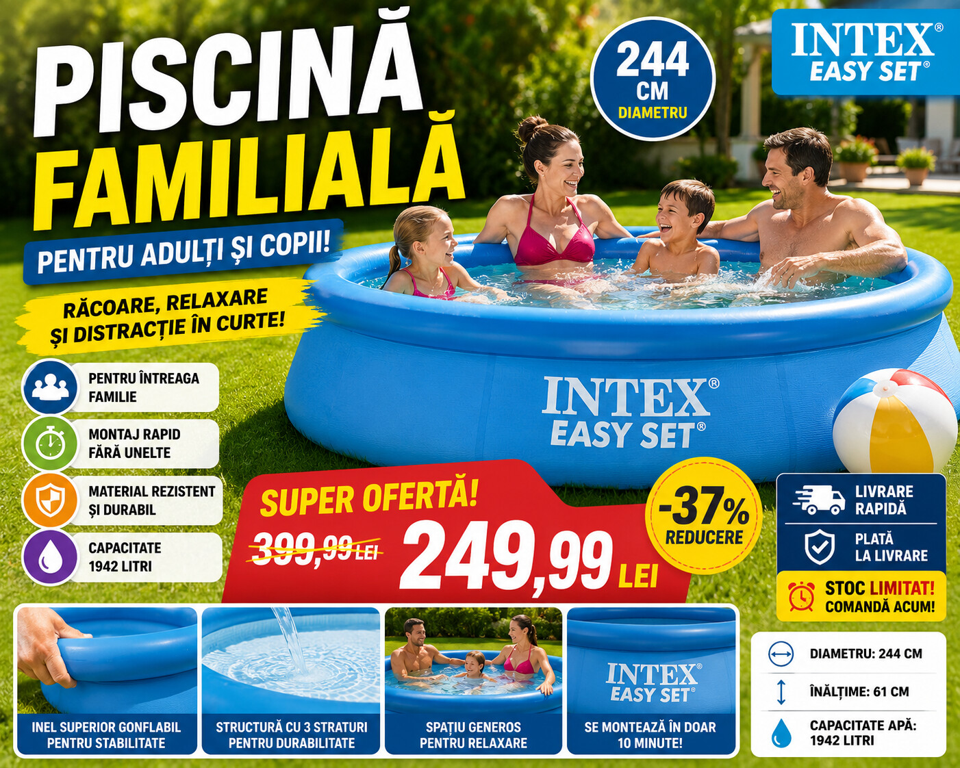🔥 Piscină Gonflabilă Intex Easy Set 244x61 cm, 1942L, Pentru Adulți și Copii 🔥 🔥 Piscină Gonflabilă Intex Easy Set 244x61 cm, 1942L, Pentru Adulți și Copii 🔥