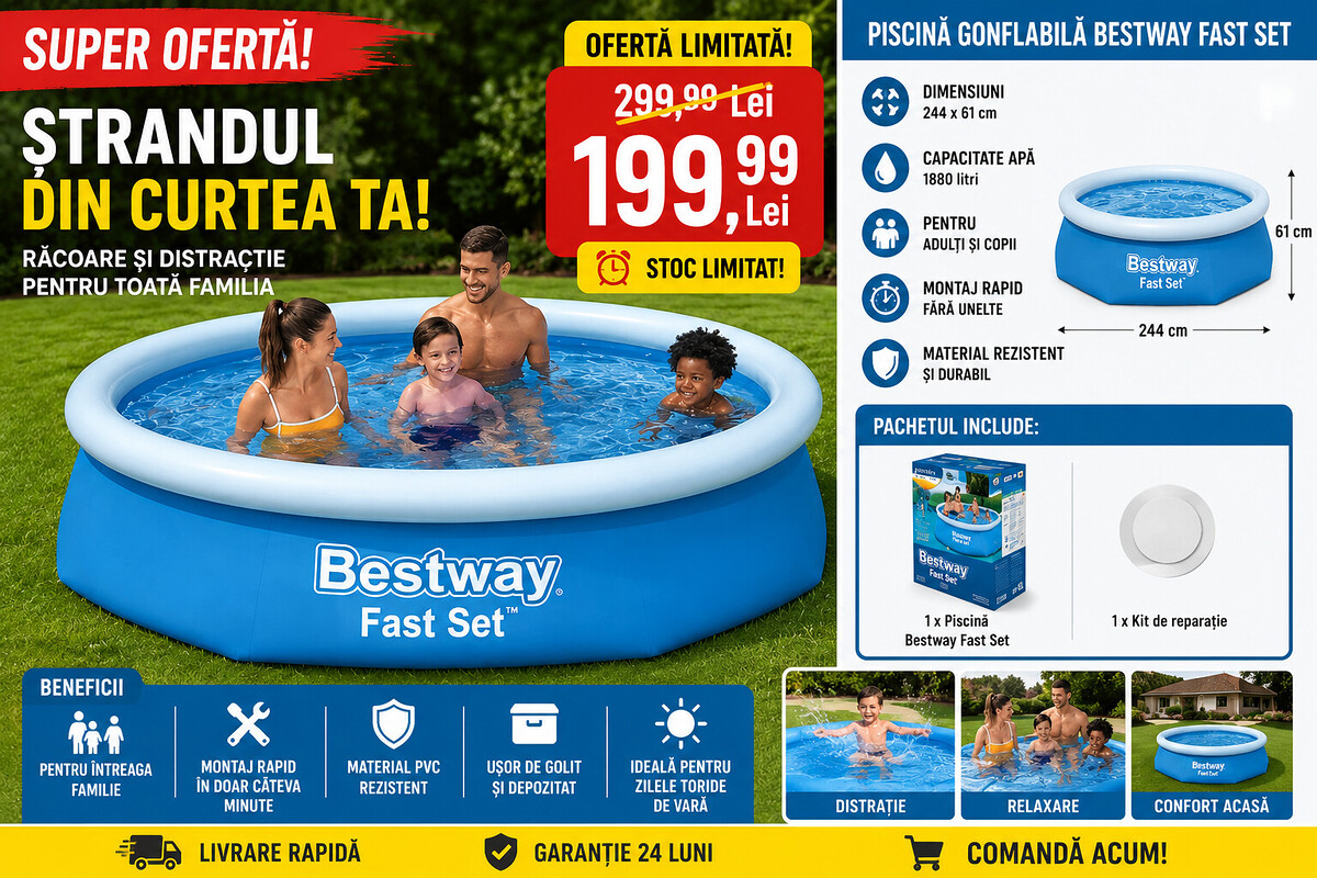 Piscină Gonflabilă Bestway Fast Set 244x61 cm, 1880 Litri, Pentru Adulți și Copii