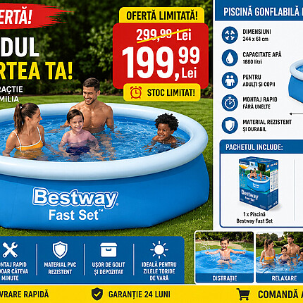 Piscină Gonflabilă Bestway Fast Set 244x61 cm, 1880 Litri, Pentru Adulți și Copii